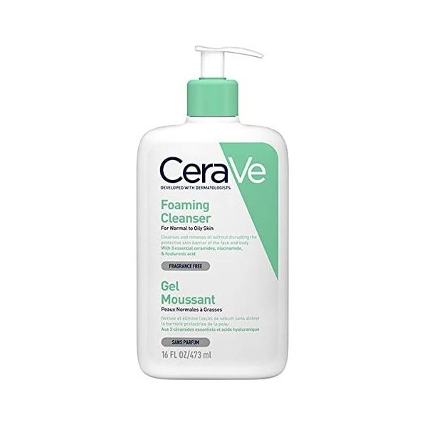 CeraVe Gel Limpiador Espumoso Libre de Fragancia para Piel Normal o Grasa -  1 x 473 ml